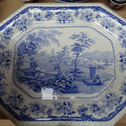 376 - A 19th century blue and white transfer pottery meat plate, length 42cm, a group of 19th century tea ... 