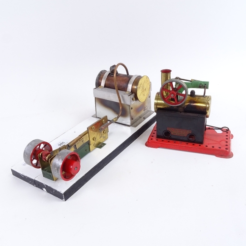 386 - A scratch-built brass-mounted live steam-powered stationary engine, length 33cm, and a Mamod live st... 