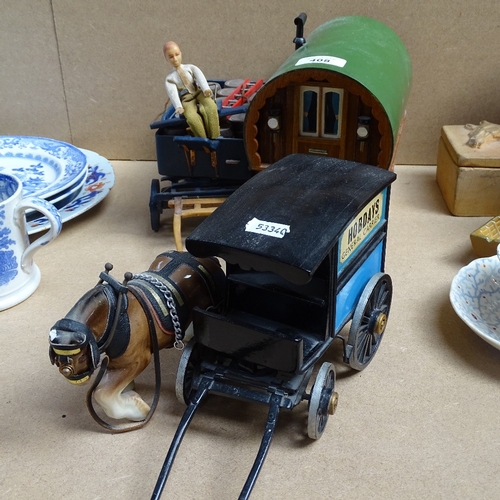 408 - 2 Vintage wooden carts and horse, and a caravan, length 19cm