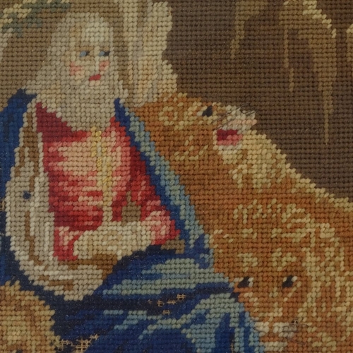 414 - 19th century cross-stitch woolwork picture of a figure with 3 lions, in maple frame, height 44cm ove... 