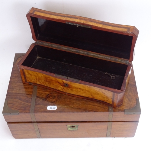 46 - A 19th century French satinwood kingwood and rosewood inlaid serpentine-front glove box, and a brass... 