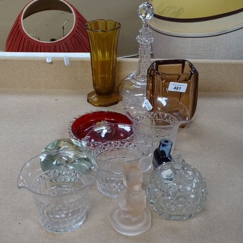 481 - 3 Antique cut-glass twin lipped mixing bowls, glass decanter and stopper, 26cm etc