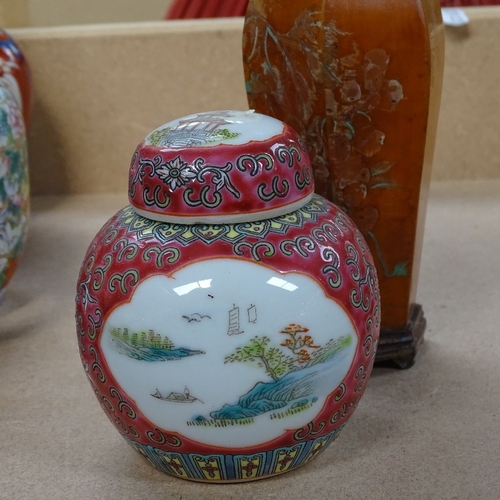 485 - Imari porcelain dish, 30.5cm, Chinese blue and white teapots, ginger jars, Satsuma jug etc