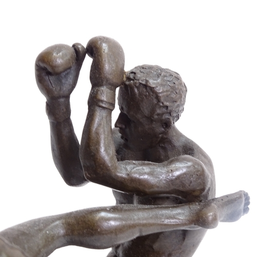 50 - Milo, bronze sculpture, kickboxers, signed, on veined black marble base, overall height 25cm