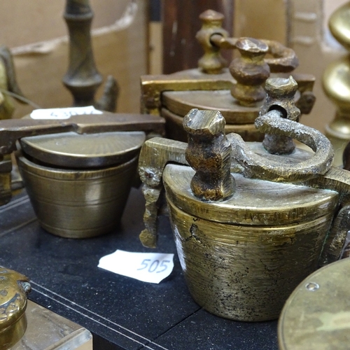 505 - A group of various metalware, including 3 sets of bronze bucket weights, a small 19th century brass ... 