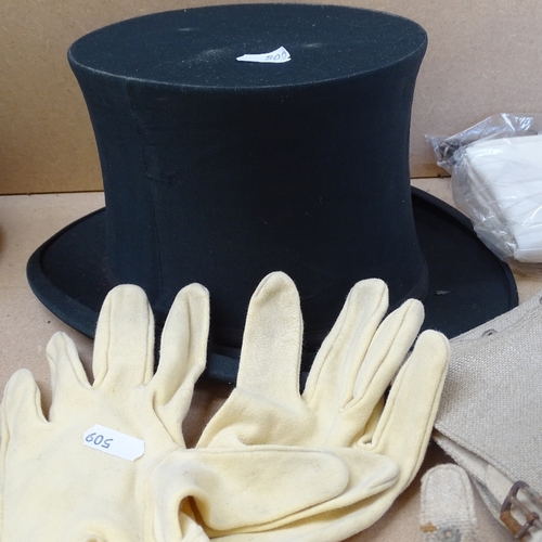 509 - A Horne Bros opera hat, a black silk waistcoat, a white silk scarf, gloves etc