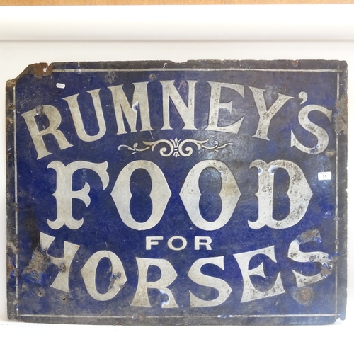 51 - A large Vintage blue and white enamel Rumney's Food for Horses advertising sign, 76cm x 100cm