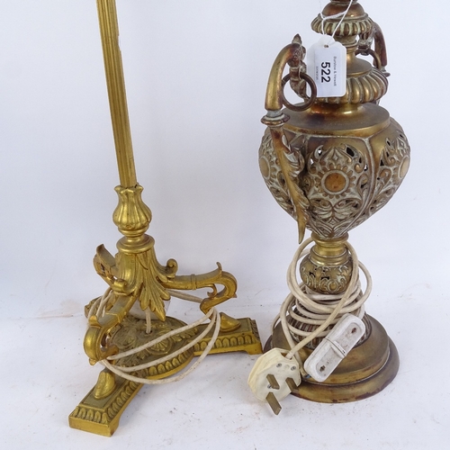 522 - A gilt-bronze table lamp on 3 feet, height including fitting 51cm, and a Chinese bronze lamp base wi... 