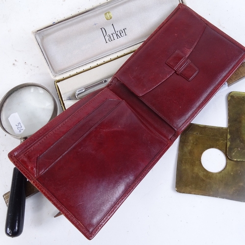 524 - Boxed Parker fountain pen, boxwood folding rule, magnifying glass, and other desk items