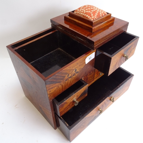 53 - A Vintage marquetry inlaid specimen wood table-top sewing cabinet, length 33cm, height 25cm