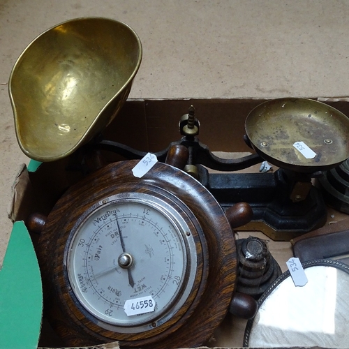 534 - Brass scales, barometer, engraved brass tray and ornaments (boxful)