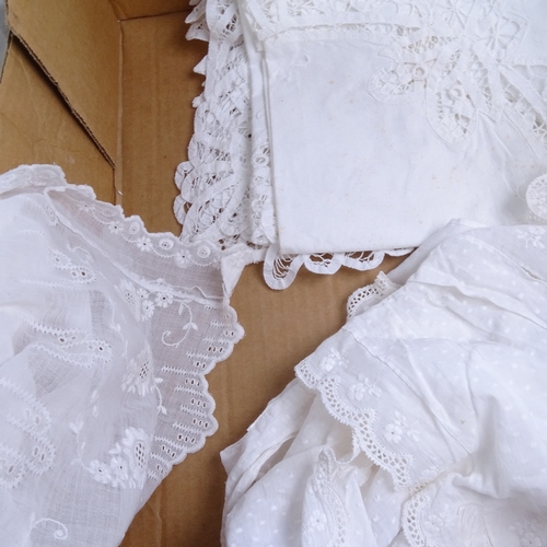 538 - WITHDRAWN A 19th century lace nightdress, hand embroidered table cover, pinafores etc (boxful)