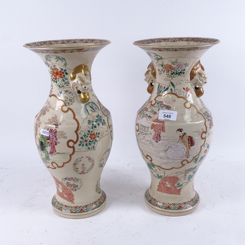 546 - A pair of 19th century Japanese painted and gilded vases, height 39cm (both with hairline cracks)