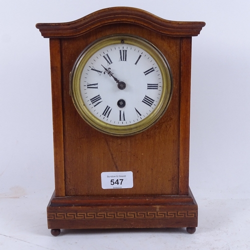 547 - An Edwardian mahogany-cased mantel clock with enamel dial, 8-day movement, height 27cm