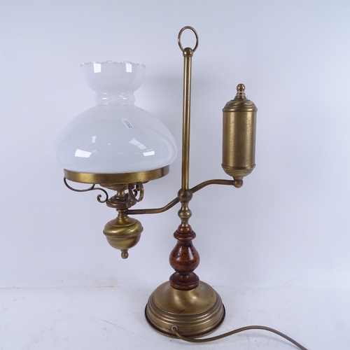 548 - A reproduction brass and stained wood student's desk lamp with glass shade, height 55cm