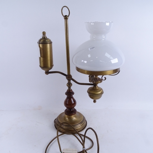 548 - A reproduction brass and stained wood student's desk lamp with glass shade, height 55cm