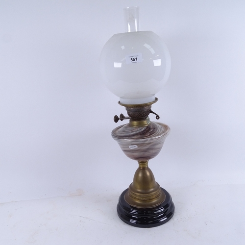 551 - A Victorian brass and marbled-glass oil lamp, with glass shade, height to shade 52cm