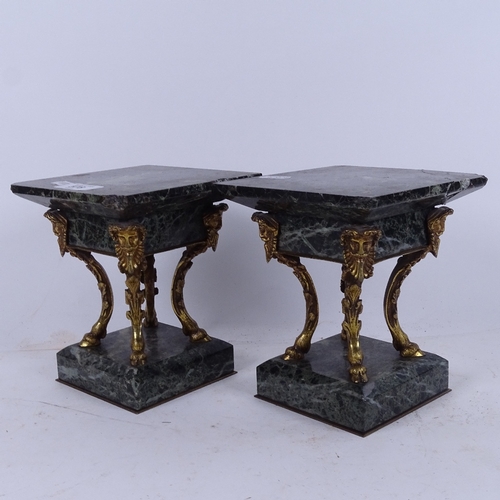 578 - A pair of green marble and gilt-bronze pedestals, with mask decorated friezes, height 17cm, 14cm acr... 