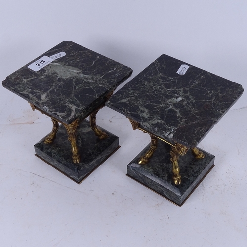 578 - A pair of green marble and gilt-bronze pedestals, with mask decorated friezes, height 17cm, 14cm acr... 