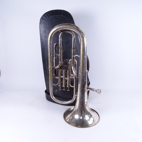 587 - A silver plated Tenor horn by Hawkes & Son of London, cased