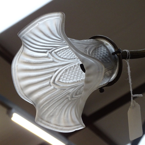 594 - A brass 4-light hanging light fitting, frosted frilled glass shades, overall height 70cm