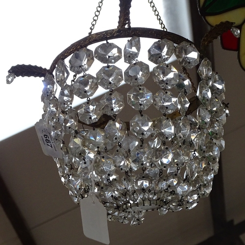 595 - A gilt-metal hanging light fitting, with cut-glass lustre drops