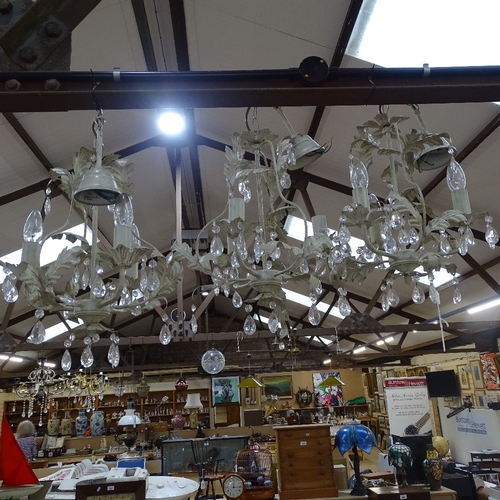 598 - 3 modern painted metal leaf design chandeliers, with glass lustre drops, height approx 40cm