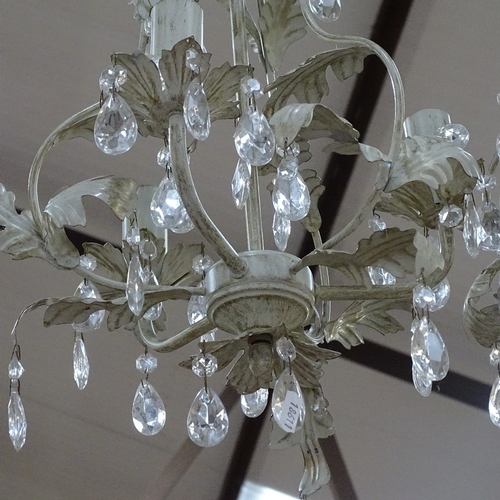 598 - 3 modern painted metal leaf design chandeliers, with glass lustre drops, height approx 40cm