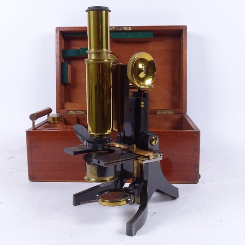 615 - An Antique mahogany-cased brass microscope and accessories, by J Swift & Son London, height 28cm