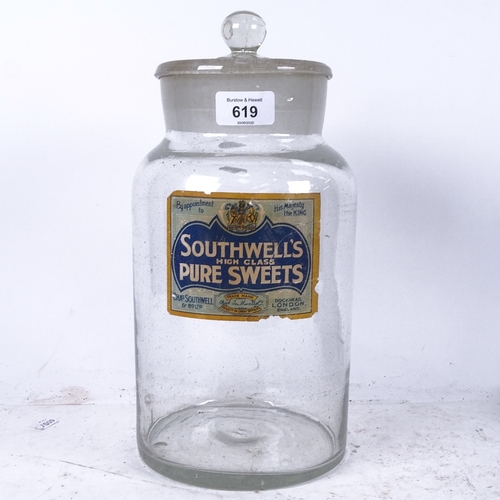 619 - Early 20th century glass shop display jar and cover, advertising Southwell's High Class Pure Sweets,... 