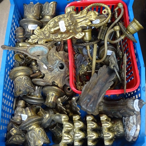 621 - A box of Antique and Vintage brass hardware, including lion paw feet, handles and furniture mounts