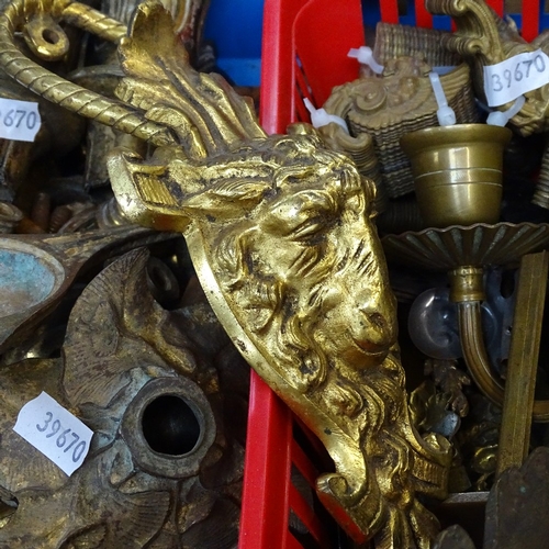 621 - A box of Antique and Vintage brass hardware, including lion paw feet, handles and furniture mounts