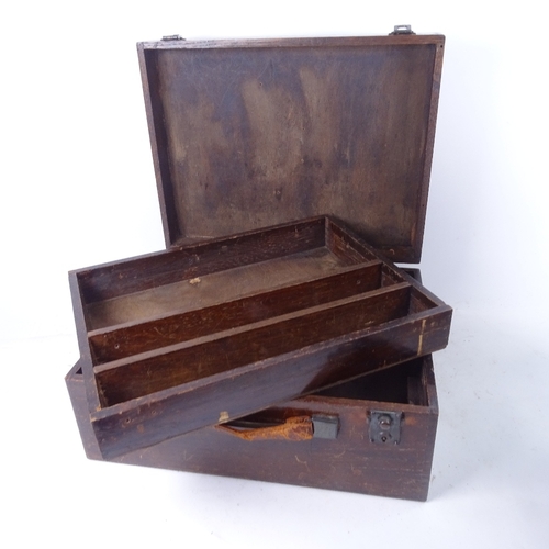 622 - An oak box with tray fitted interior, 38cm across, a tin with Masonic items, costume jewellery, and ... 