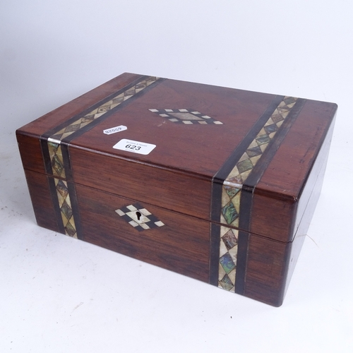 623 - A Victorian mahogany workbox with inlaid abalone bands, and fitted interior and contents, 29cm acros... 