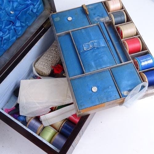 623 - A Victorian mahogany workbox with inlaid abalone bands, and fitted interior and contents, 29cm acros... 