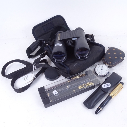 624 - Fujinon 4000 cased binoculars, a pocket watch, 3 Colibri fountain pens, and another