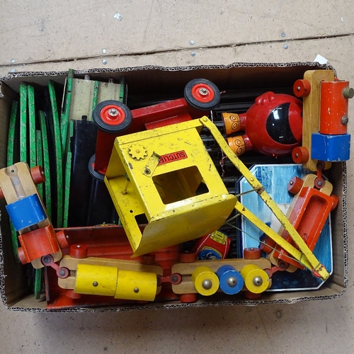 632 - A toy crane, wooden train, track etc