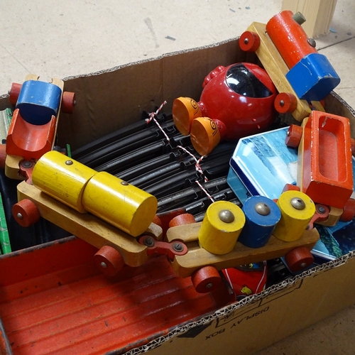 632 - A toy crane, wooden train, track etc