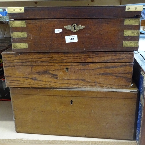 642 - A brass-bound mahogany box, 2 oak canteen boxes, and a mahogany canteen box