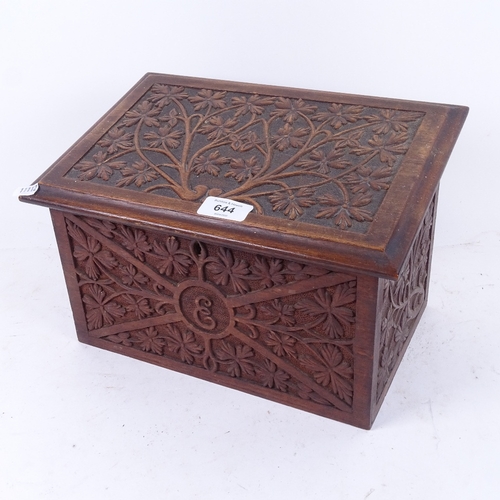 644 - An Antique carved wood box with allover floral decoration, with tray fitted interior and 2 brass-top... 