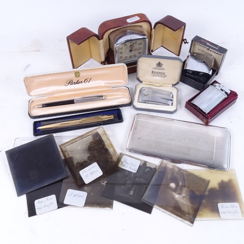 646 - French Art Deco leather-cased JAZ travel clock, lighters, Parker pen, plated cigarette case, and var... 