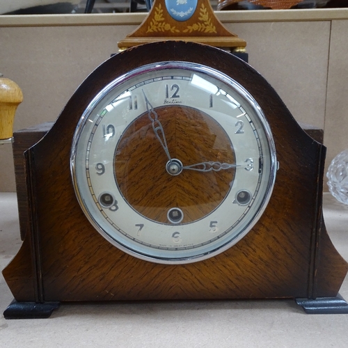 665 - An Art Deco 2-train oak mantel clock, height 23cm, another, a 3-train oak-cased clock, a Comitti bat... 