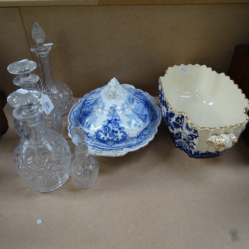 666 - A pair of cut-glass decanters and stoppers, 22cm, 2 others, a Victorian bowl and a Victorian blue an... 