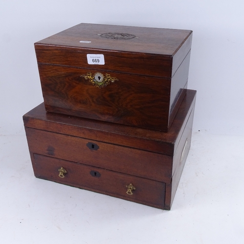 669 - A Victorian mahogany workbox, with tray fitted interior and drawer under, 36cm across, and a rosewoo... 