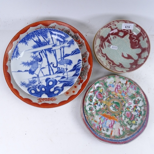 670 - A Japanese charger with bird decoration, 30.5cm, Cantonese plates, fish design bowl etc