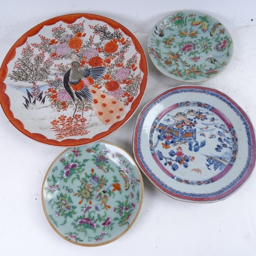 670 - A Japanese charger with bird decoration, 30.5cm, Cantonese plates, fish design bowl etc