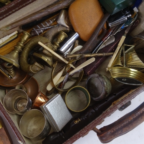 671 - A case containing moneybox, cigarette case, spirit level, brass ornaments etc