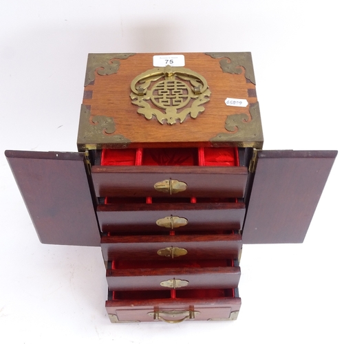 75 - A reproduction Oriental brass-bound hardwood table-top jewel cabinet, height 30cm