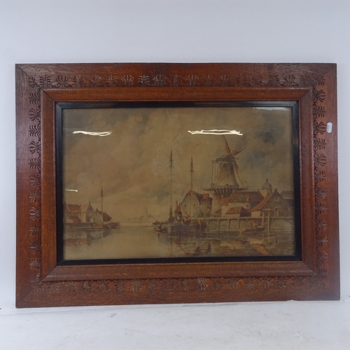 1004 - A pair of colour prints, Dutch canal scenes, in carved oak frames, and L Smith, oil on canvas, water... 