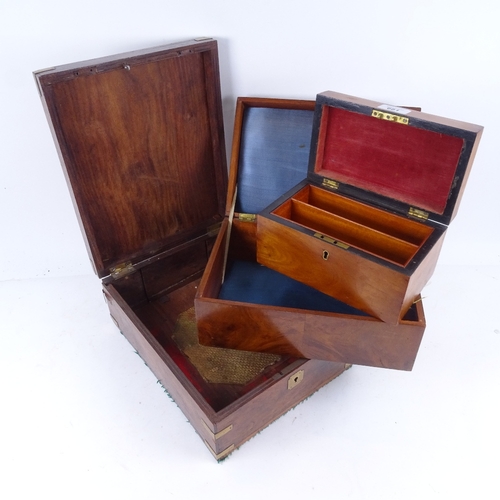 681 - A brass-bound mahogany box, 26cm across, a mahogany box with sectioned interior, and another